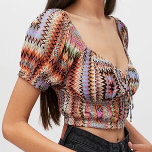 NWT - Urban Outfitters - Kristy Zig Zag Rainbow Shirred Puff Sleeve - Medium